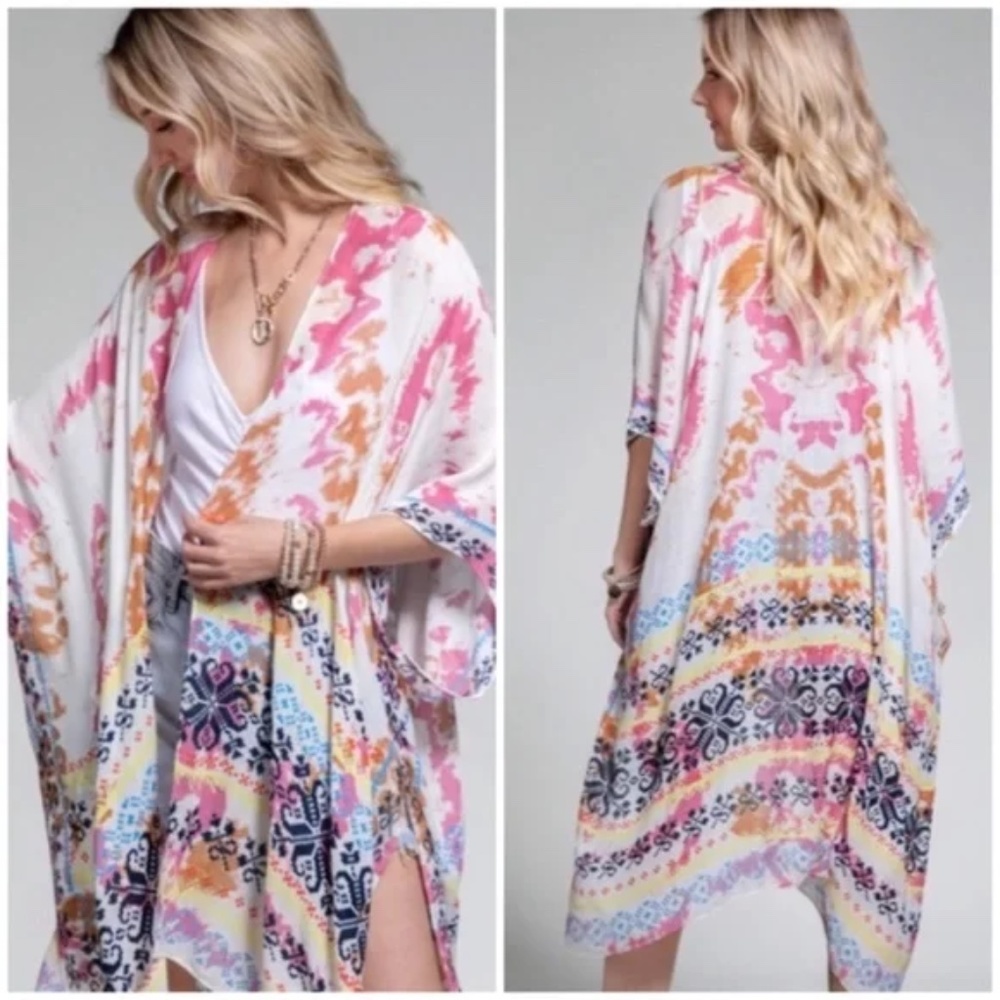 SOLD OUT Colorful Tie Dye Bohemian Ethnic Border Motif Kimono Wrap Coverup Open - Picture 1 of 5